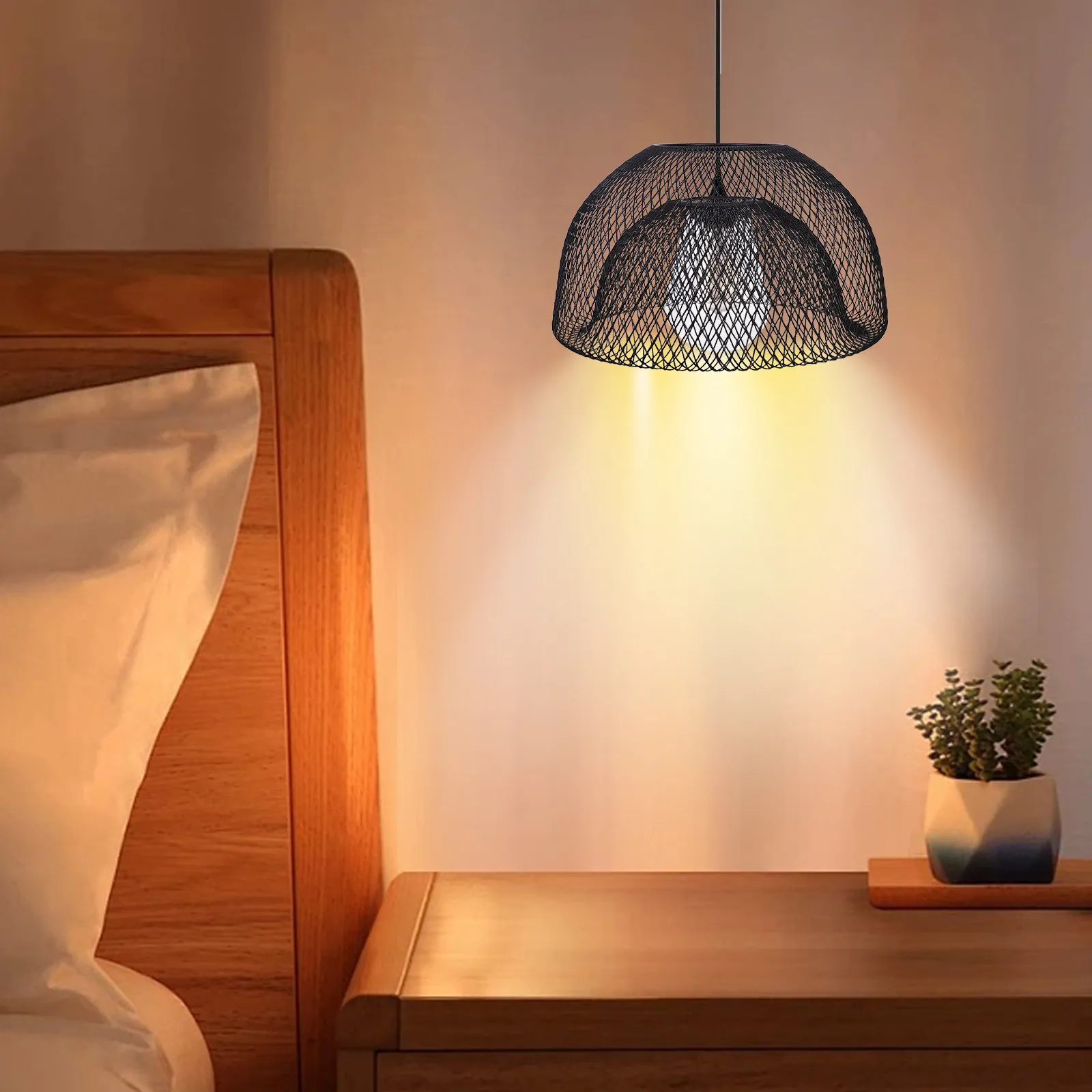 Black Iron Wire Hollow Mesh Double Layer Lamp Shade Cage 42Mm Hole Diameter Wall Mounted Light Cover for Bedroom Dining Room