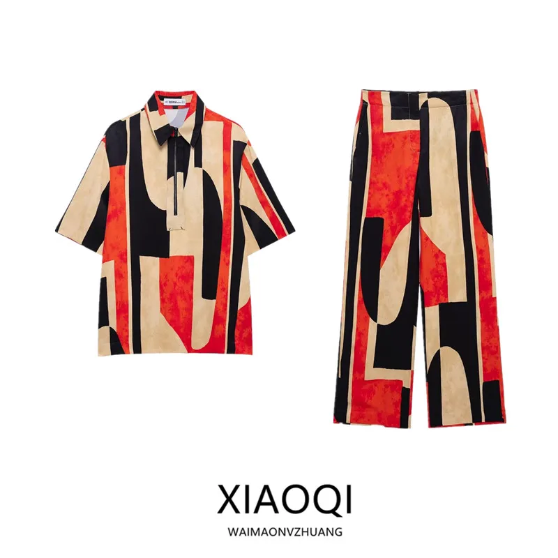 Spring 2025 New Faion Women's Printed ort Sve Turn-down Collar irt High Waist Pants Set High Waist Long Pants