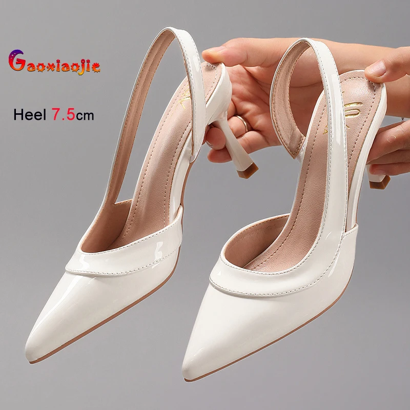2025 الصيف الأبيض المرأة الصنادل رقيقة عالية الكعب 7.5 سنتيمتر أشار تو الجانب الجوف خارج الظهر فارغة السيدات مضخات أحذية الحفلات حجم 43