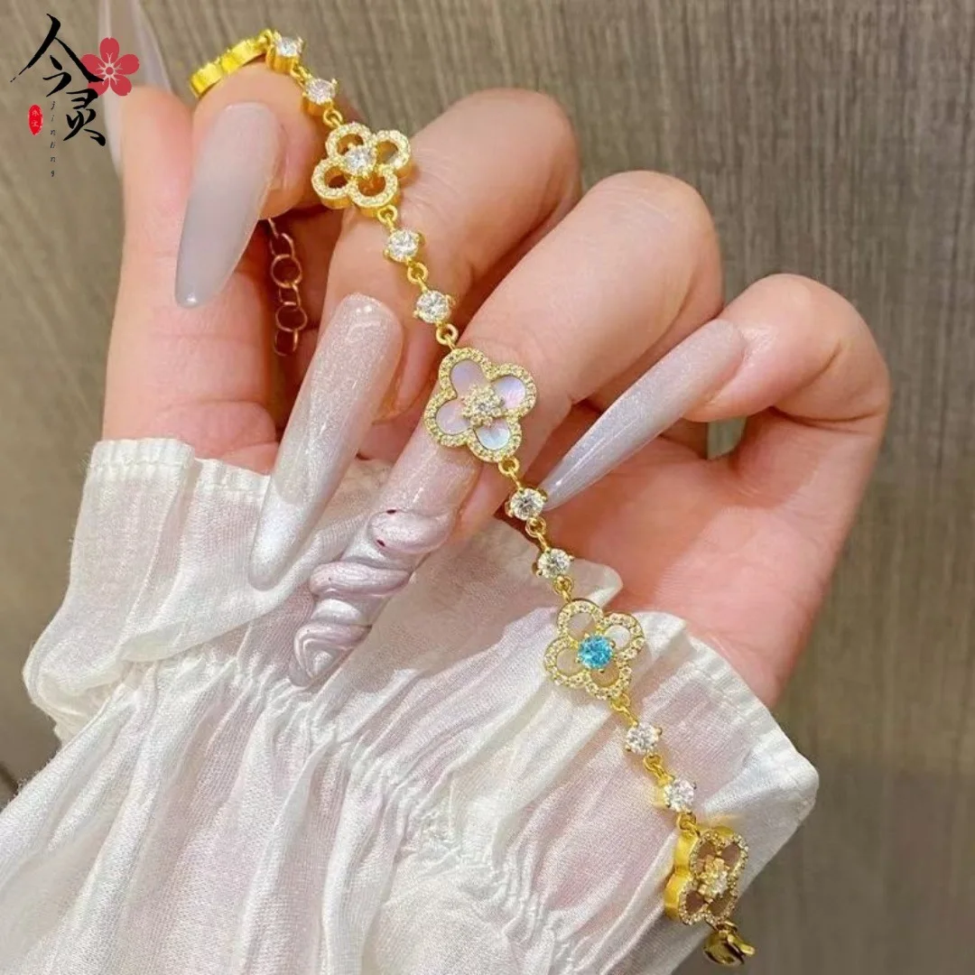 

Gold store 9999 24K real gold diamond pink five-flower bracelet women's hollow blue diamond high jewelry