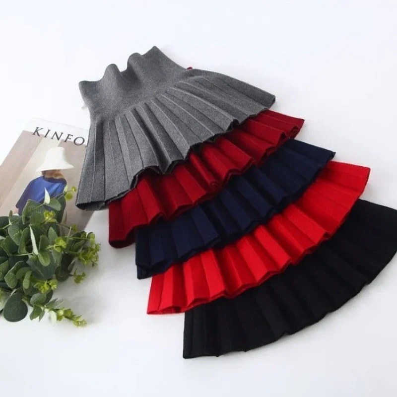 Kids Girls Knitted Skirts Cotton High Waist Skirts Children Autumn Winter Pleated Skirts Korean Style Black Gray Red Skirt