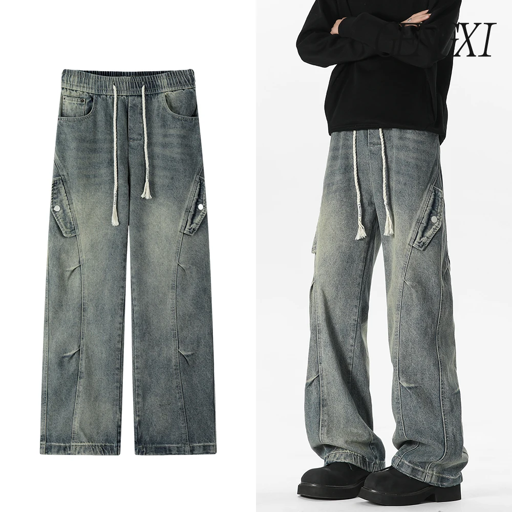 

Washed and Aged Men's Multi-Pocket Blue Workwear Jeans Vintage Frayed Decorative Wide Leg Pants Large Casual Straight Leg Pants