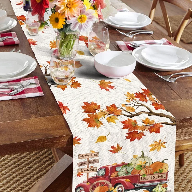 Orange Maple Leaf Autumn Linen Table Runner Fall Farmhouse Truck Dresser Scarf Table Decor Wedding Party Dining Table Decoration