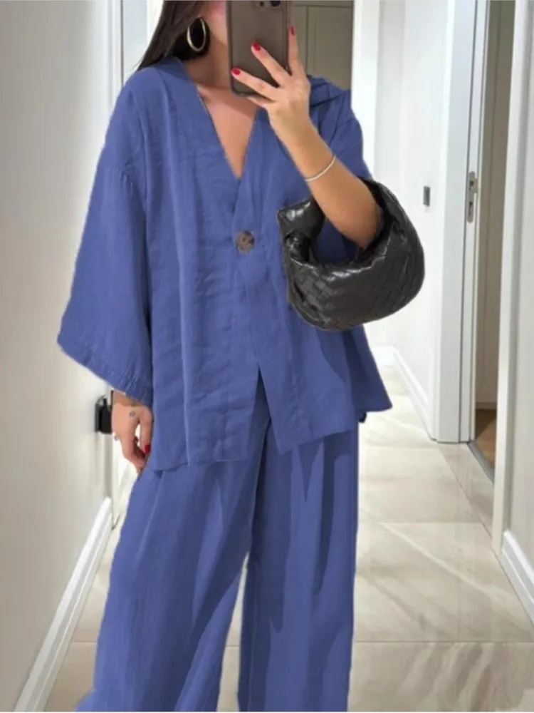 Primavera verão moda casual feminino 2 pçs define roupas sólido com decote em v único botões solto topo & calças de perna larga calças femininas terno