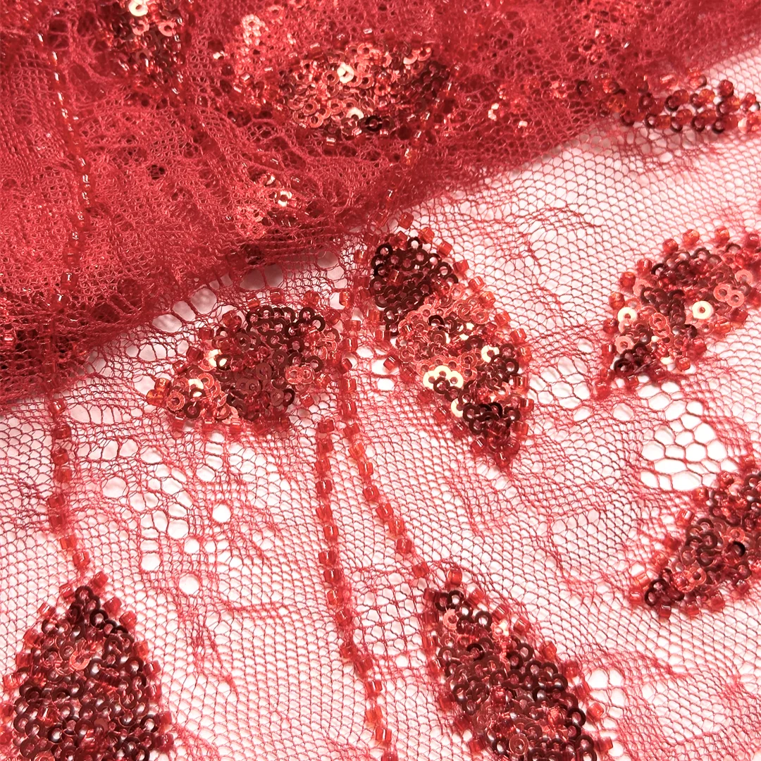 

Burgundy Red Leaf Embroidery Sequins Tube Beads French Tulle Lace Fabric High Quality For Wedding Party Dress Sewing 5 Yards