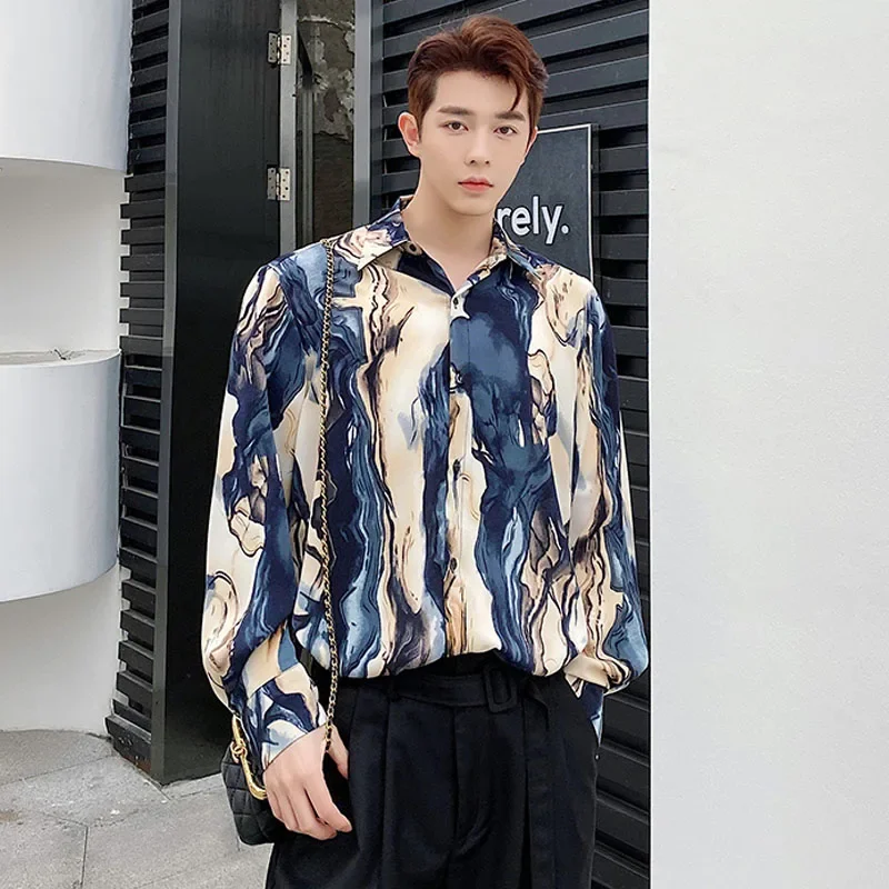 Oversize Shirt Men Net Celebrity Render Printed Loose Casual Long Sleeve Shirt Male Harajuku Korean Streetwear Vintage Shirts