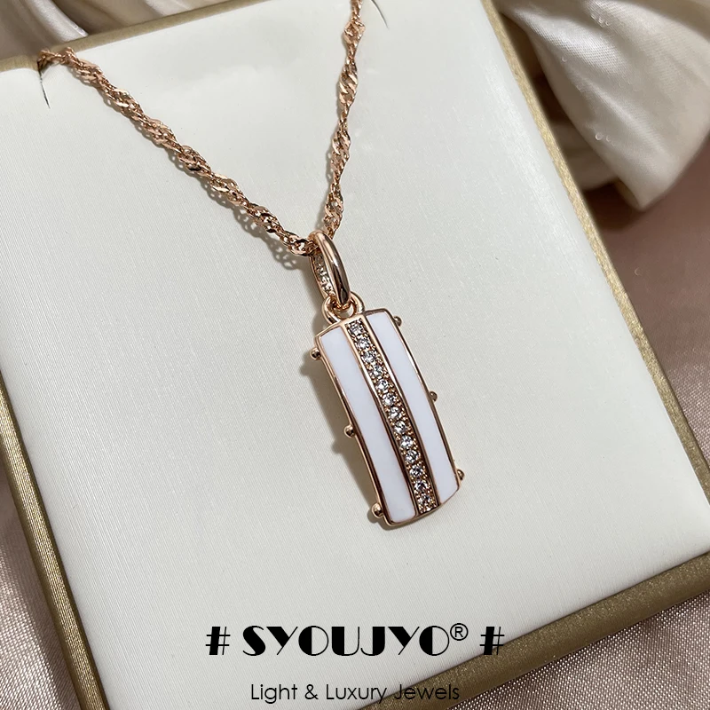 SYOUJYO Halskette mit Anhänger aus natürlichem Zirkon, voll gepflastert, für Damen, weiße Emaille-Halskette, 585er Roségold, glänzend, täglicher Schmuck