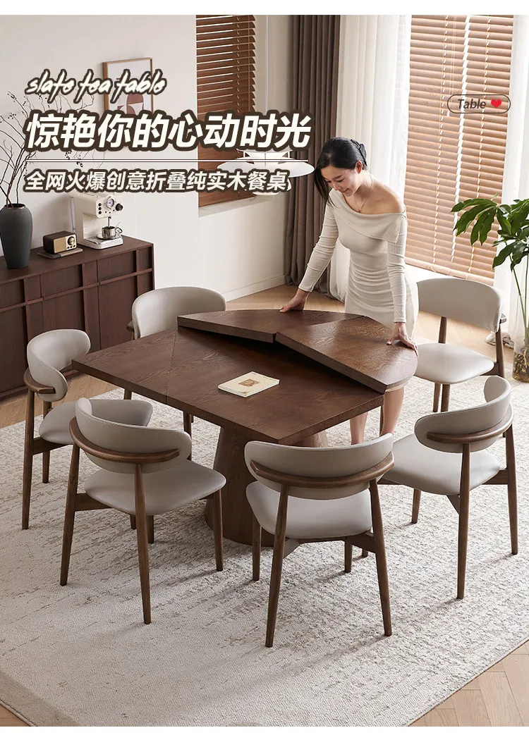 Foldable all solid wood dining  SquareVariable round Small apartment retro style household round dining table