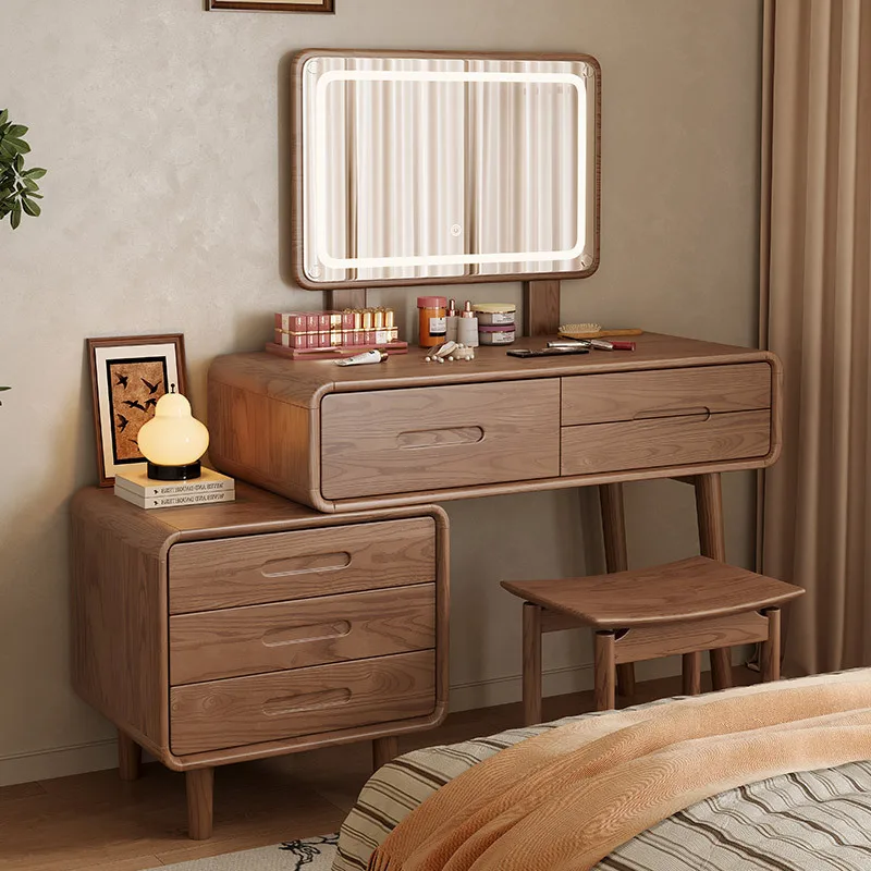 Storage cabinet with lamp dressing table, simple log wind chest integrated ash wood dressing table