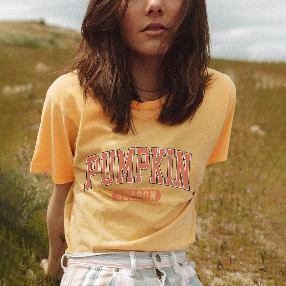 Women's Pumpkin Letter Graphic Short Sleeve T-Shirt, Casual Tee Outfit, Pure Cotton, High Quality, Trendy, Summer