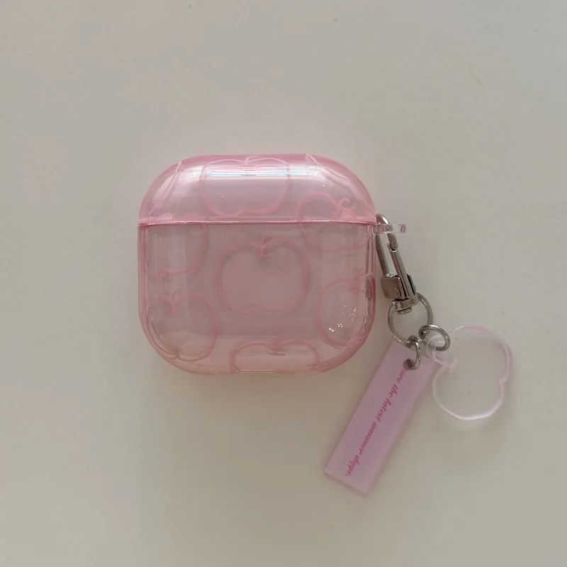 Pink Apple Pattern Transparency IMD Earphone Case with Pendant for Airpods 1, 2, Pro, Pro2, Pro3, 3, 4, Dustproof