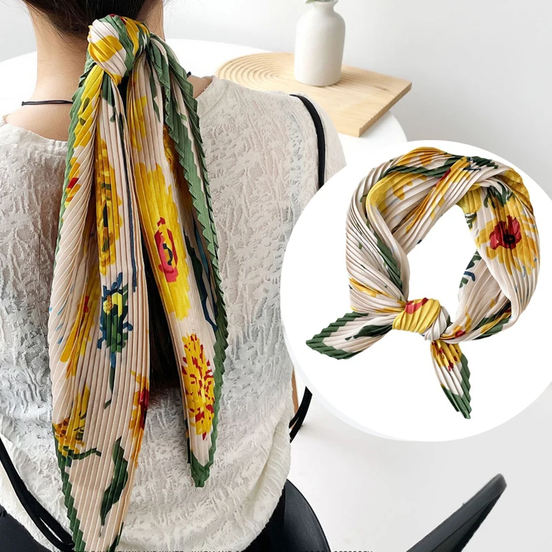 Top Quality Korean Imitation Silk Small Square Scarf For Ladies Chic Variety Neck Pleated Ladies Scarf  Fashion Women Scarves