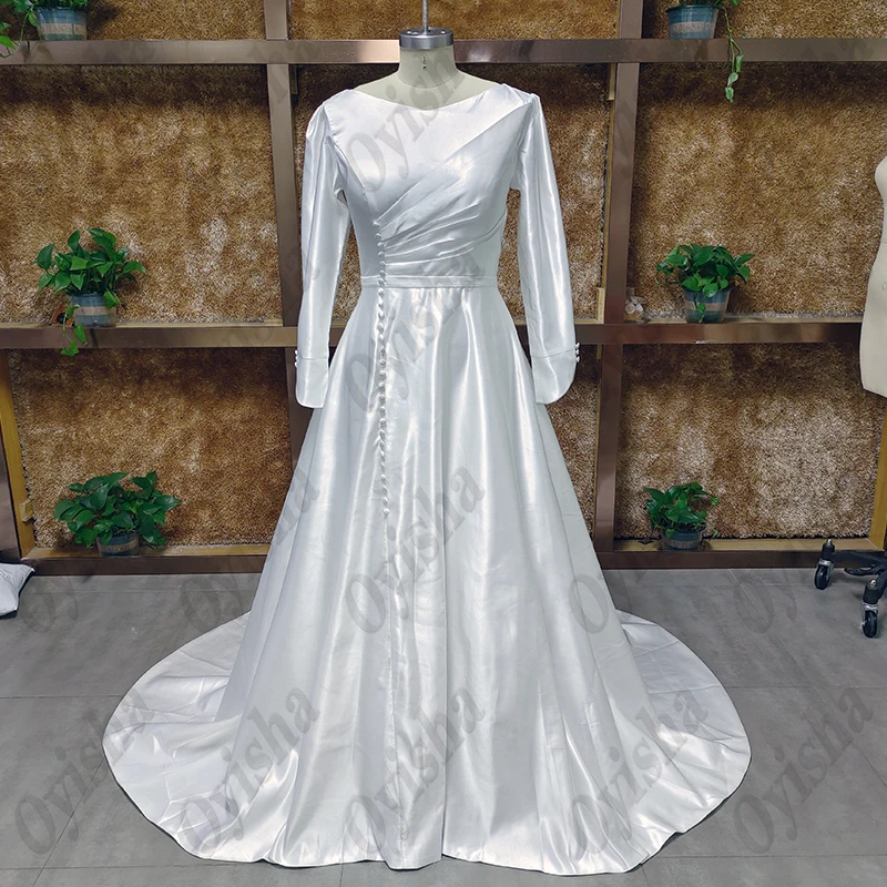 OYISHA Elegant Satin Garden A Line Wedding Dress For Women 2023 Buttons Front Bride Gowns Long Sleeve Simple Vestido De Mariages