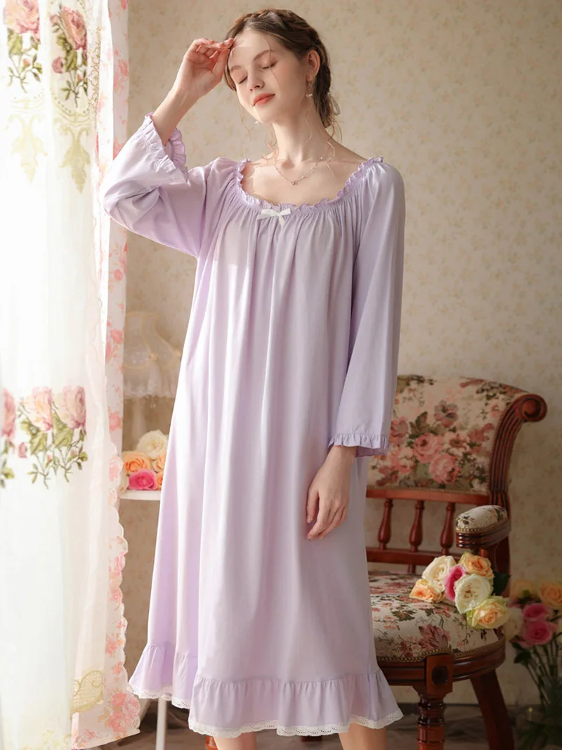 French Victorian Nightdress Spring Autumn Cotton Pajamas Nightgown Women Long Sleeves Loose Ruffles Princess Vintage Sleepwear