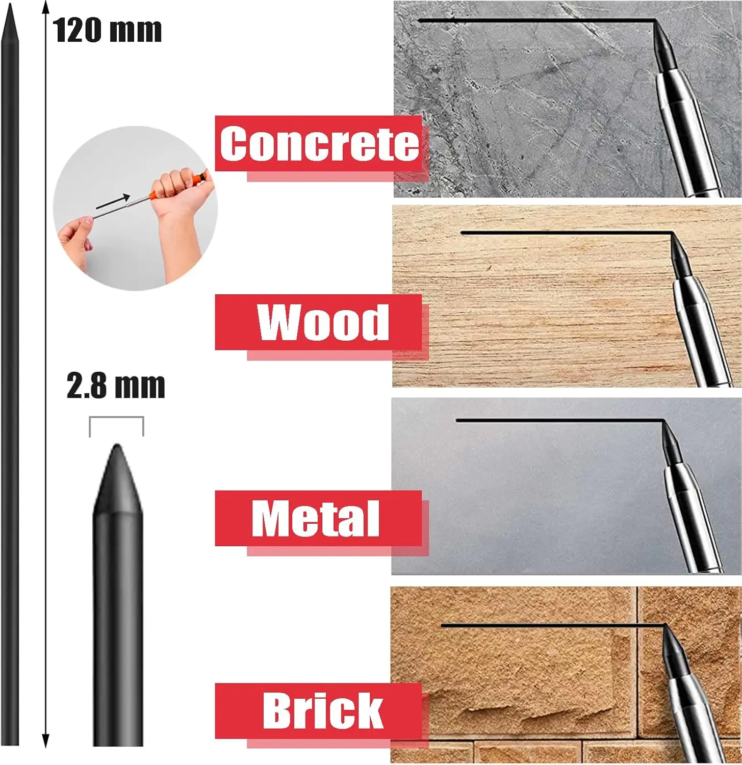 Imagem -04 - Buraco Profundo Lápis Chumbo Recargas para Carpenter Lápis Mark Lápis Construção Lápis Substituições Estudo Leva 36 Pcs 28 Milímetros