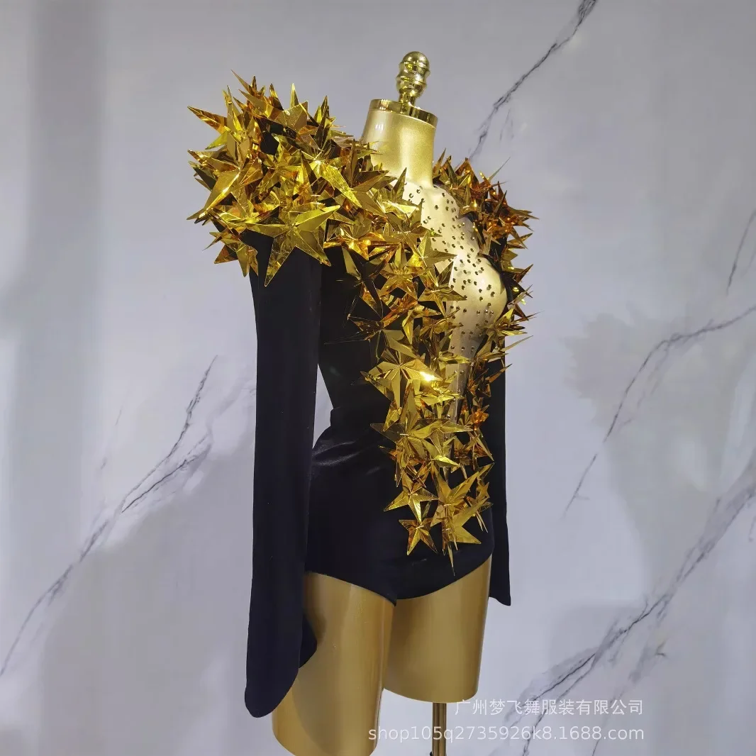 Hot Sale 2026  Sexy Gold Three-dimensional Pentagram High Shoulder Padded Onesie Stage Costume Cosplay