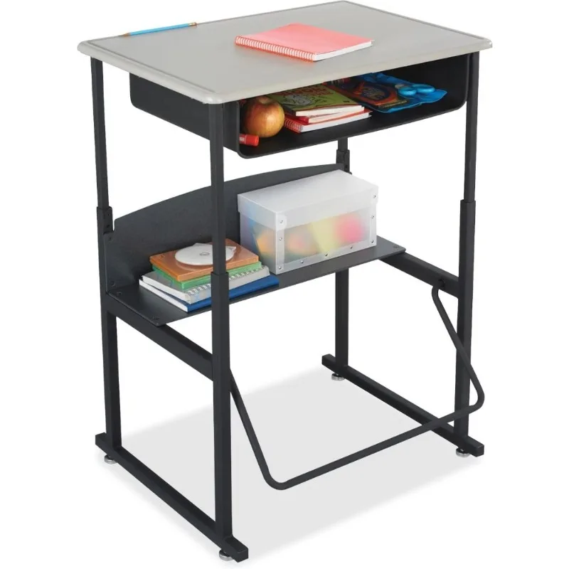 

Adjustable Height Standing Desk with Storage Shelf and Swinging Foot Rest for Students Study Table 28x20 Black