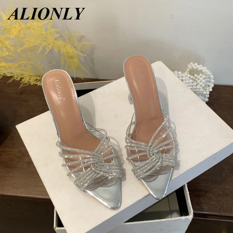 

Alionly 2024 European and American Foreign Trade New Women's Shoes Pointed Rhinestone Transparent High Heel Slippers