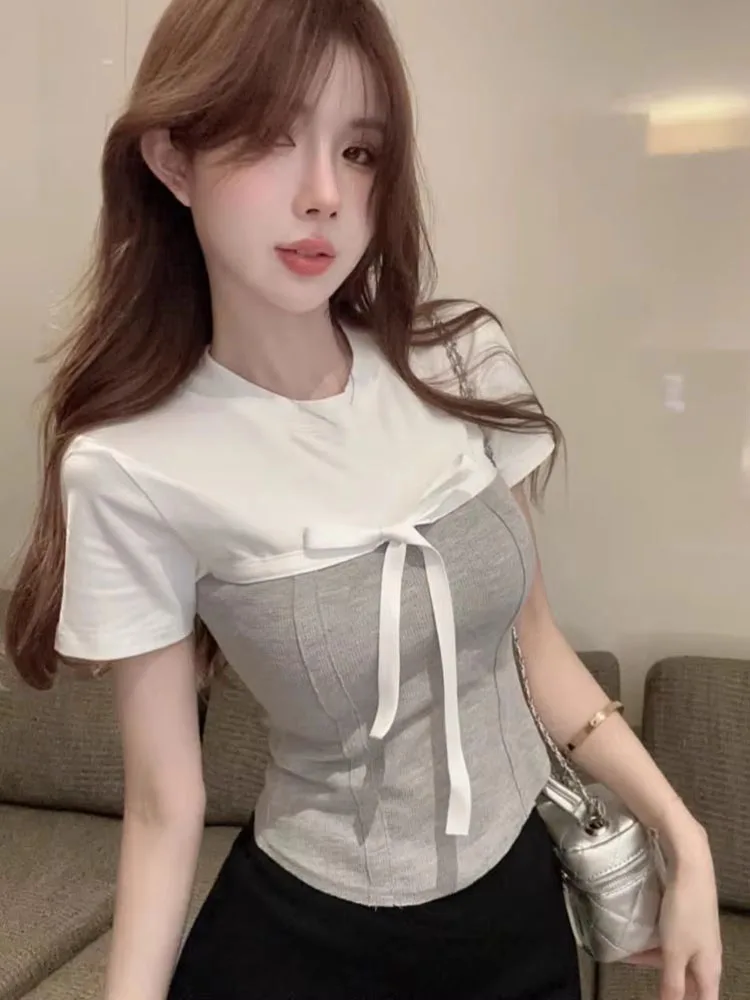 Summer New Women Slim Short Sleeve Shirt Round Neck Bow Tie Detail Color Block Patchwork Sweet Basic Inner Top