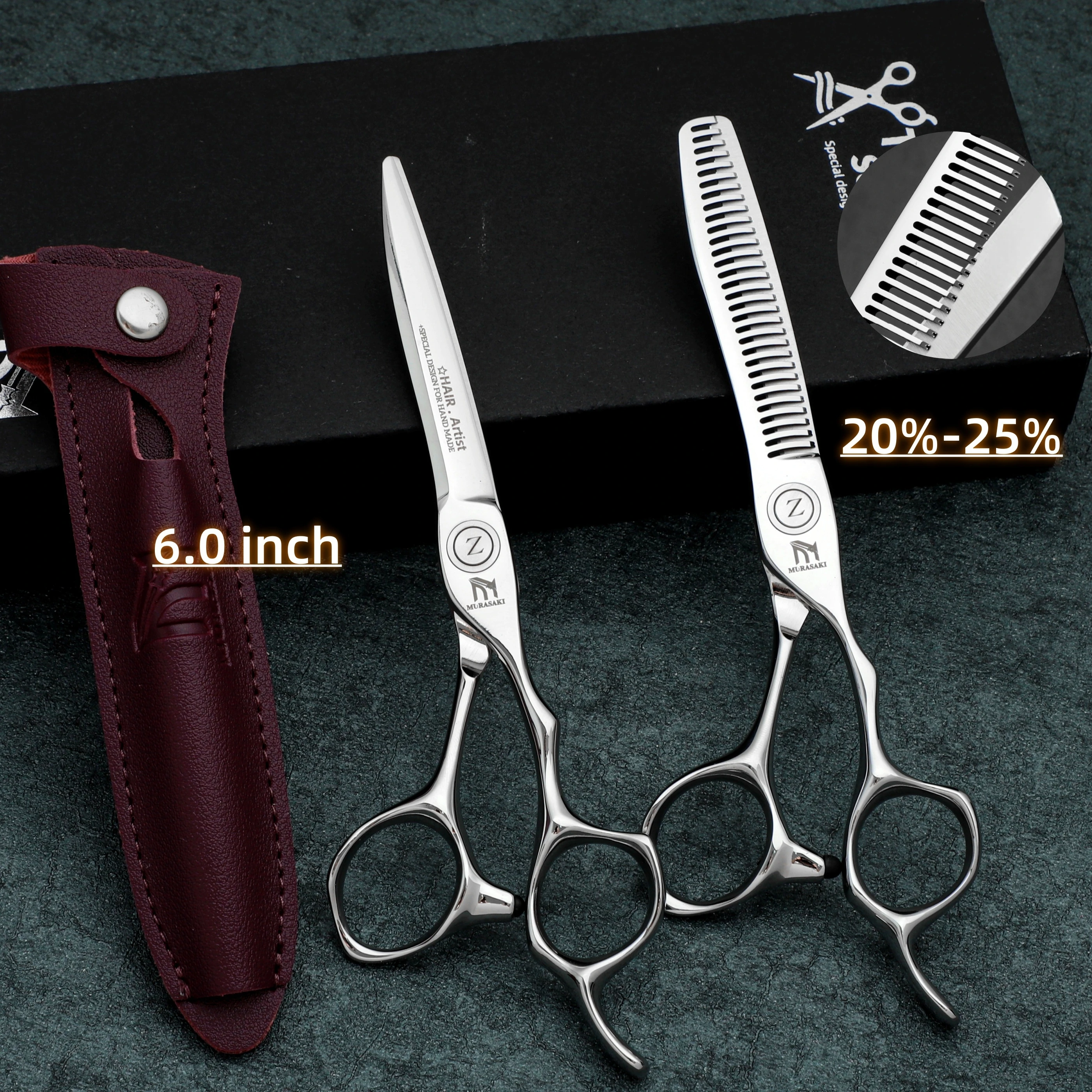 

MURASAKI 6-6.6 inch Professional barber scissors set，Japanese 440C Steel hair thinning Shears，High quality hair cutting tools