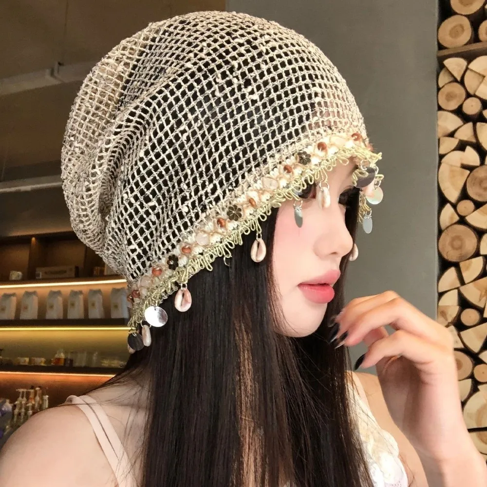 Ethnic Style Handmade Woven Bucket Hat for Women Soft Shell Tassels Hair Hat Hollow Out Slouchy Hat Summer Outdoor