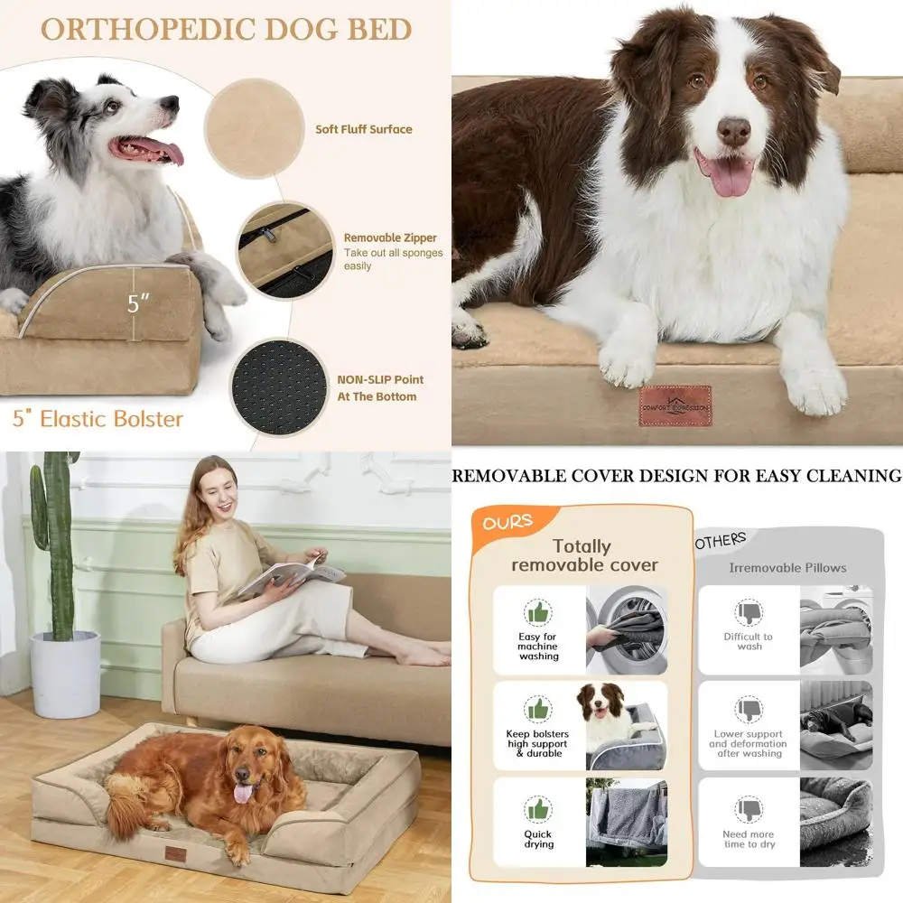 

Large Waterproof Orthopedic Dog Bed 36x27 with Removable Bolster, Washable Cover & Non-Slip Base, Light Brown