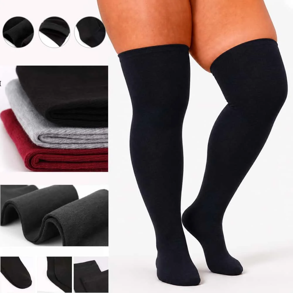 Plus Size Elastic Thigh High Stockings Ladies White Black Striped Over Knee Leg Warmer Winter Socks for Oversize Women XXL 100KG