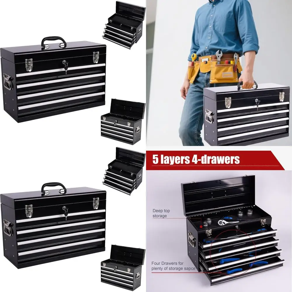 

21 Portable Metal Tool Chest with 4 Drawers, Lockable Steel Box, Ball-Bearing Slides, Powder-Coated Finish, Ideal for Mechanics