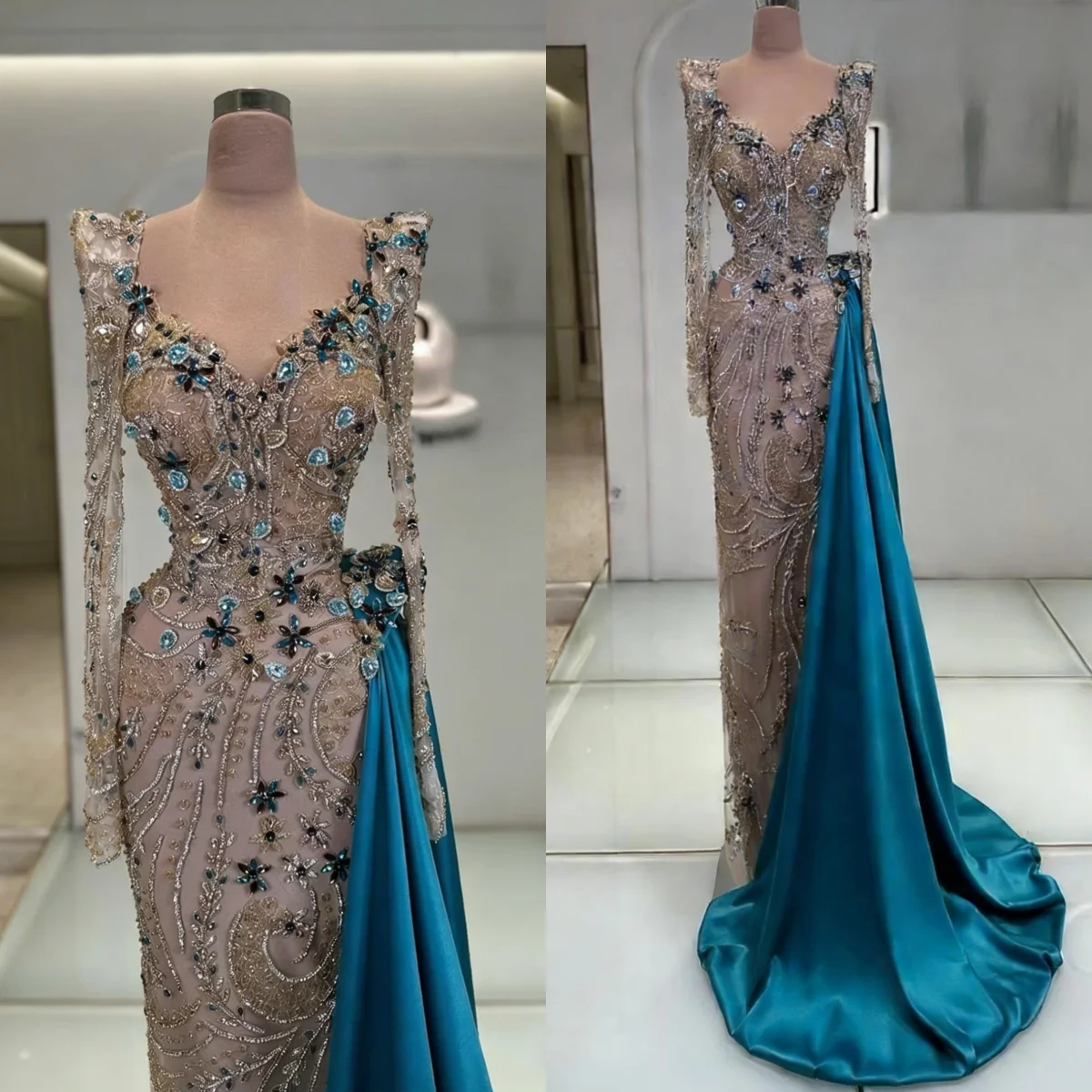 

Elegant Beaded Evening Dresses Long Sleeve V Neck Mermaid Prom Gowns Crystals Floor Length Birthday Party Customized