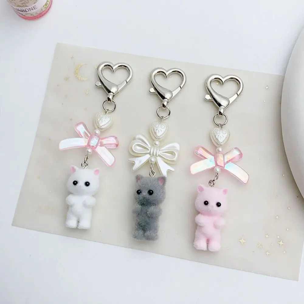 Fashion Cat Pendant Keychain Flocking Cartoon Heart Bow Shaped Key Ring Delicate Cute Animals Pendant Key Chain Gifts