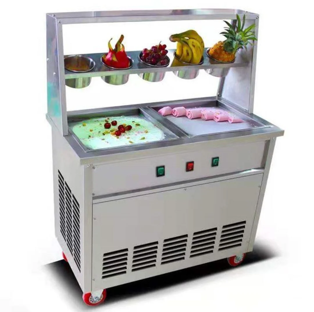 50L/H Double Square Pan Ice Cream Roll Machine, 5 Barrels Fried Ice Maker, Commercial Ice Cream Machine