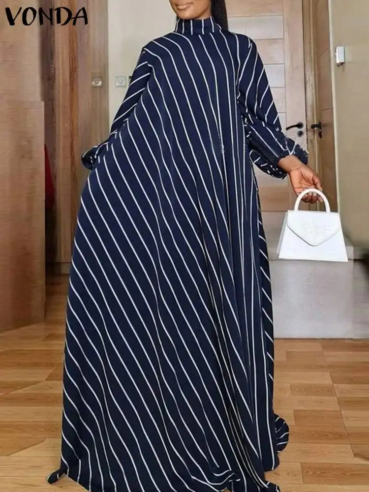 

Striped Maxi Dress 2024 VONDA Bohemian Women Summer Party Sundress Elegant High Neck Printed Robe Oversized Puff Sleeve Vestidos