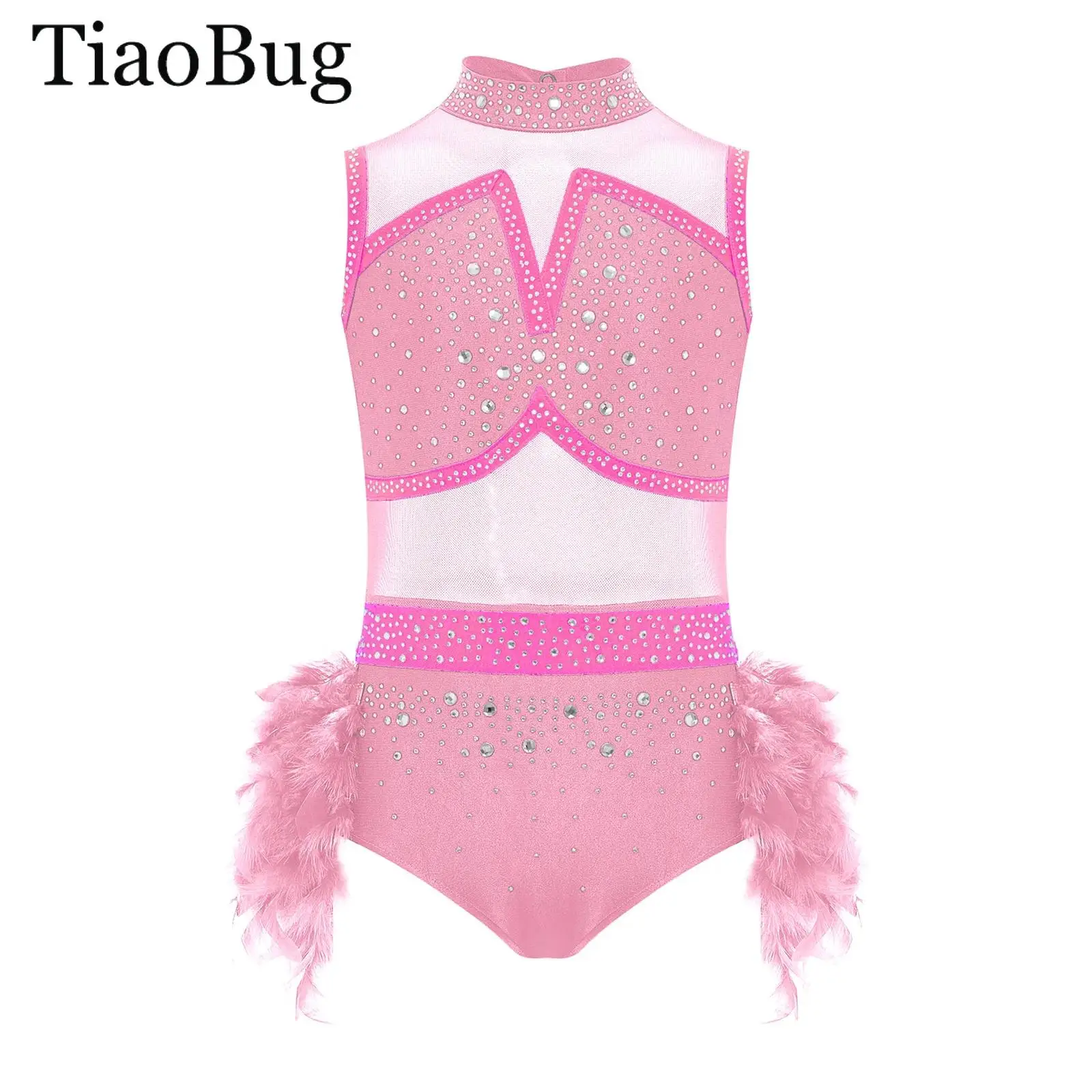 

Girls Rhinestones Ballet Leotard Feather Tutu Skirted Bodysuits Unitards Gymnastics Figure Skating Jazz Latin Dance Performance