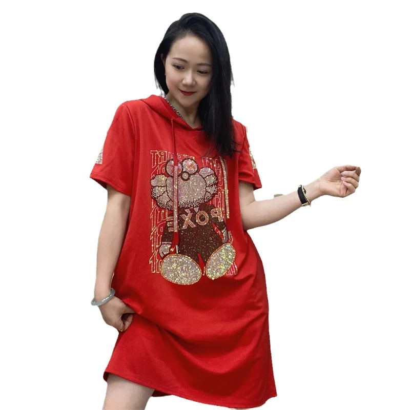 Short-Sleeved Cartoon Rhinestone Dress for Women 2023 Summer New Heavy Embroidery Hot Drilling Hooded Mid-Length Casual Skirt