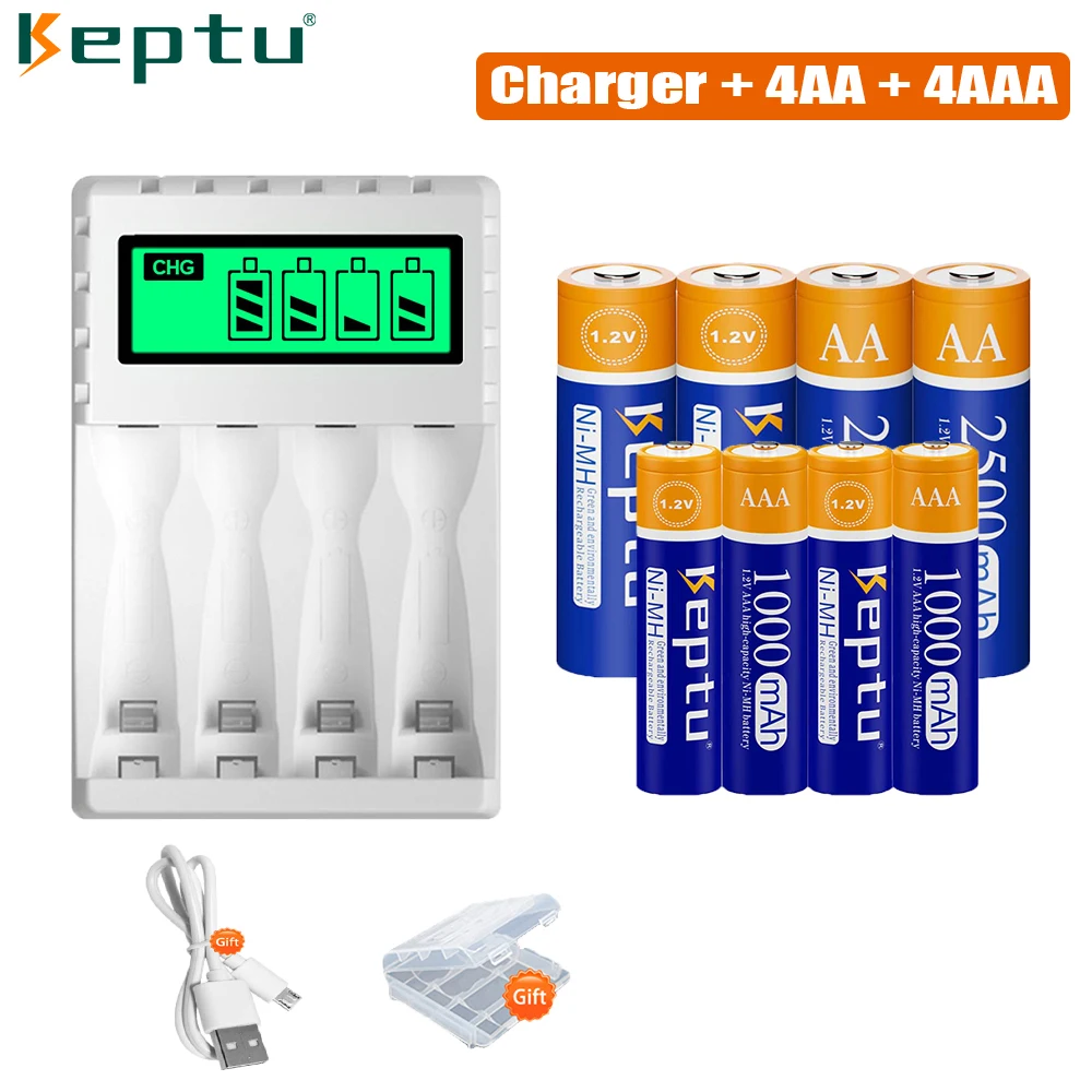 

KEPTU AA and AAA rechargeable battery 1.2V NIMH aa 2500mAh aaa 1000mAh + LCD Fast Battery Charger