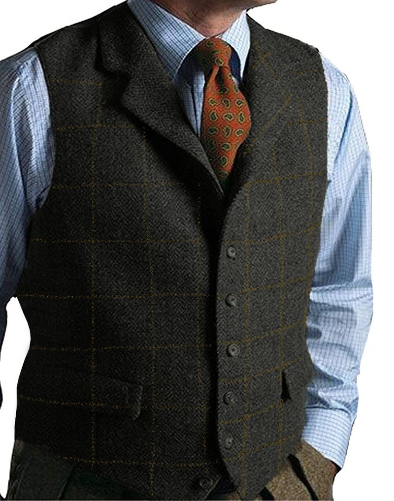 Men's Vest Green Vest Tweed Wool Waistcoat Slim Fit Lapel Plaid Suit Vest Herringbone Tweed Tuxedo Vest 2026 for Wedding Custom