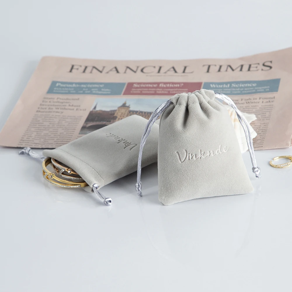 100pcs Personalized Velvet Drawstring Bag Custom Jewelry Pouch Small Grey Jewellery Products Packaging Pouches Deboss Logo Print