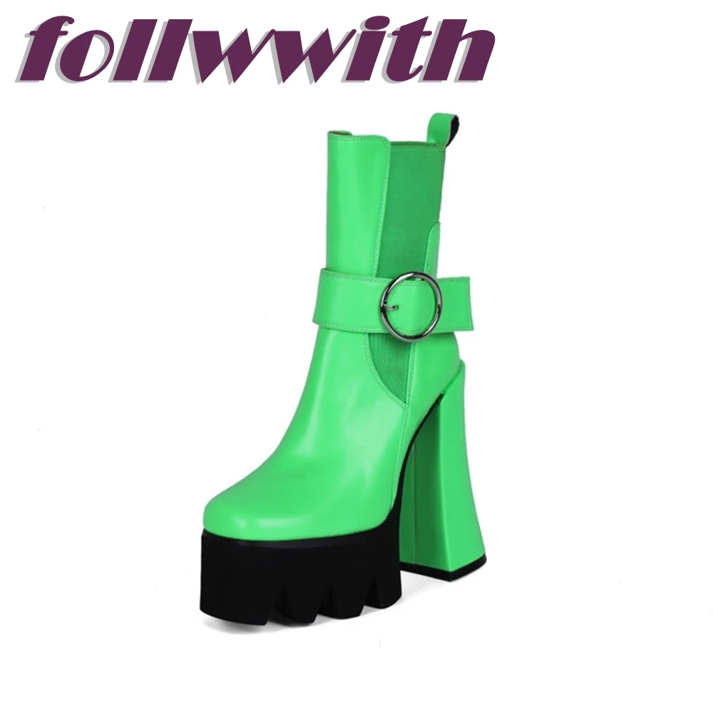 Mixed Colors Platform Chunky Heels Belt Buckle  Boots  Metal Ring Elestic Slip On 2024 Catwalk Daily Ankle Ladies Fashion Shoes