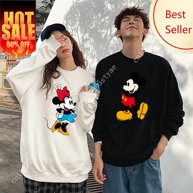 

Disney Mickey Minnie Print Women's Round Neck Hoodie Simple Comfortable Couple Hoodie Disney Mickey Mouse Women's Clothes Top