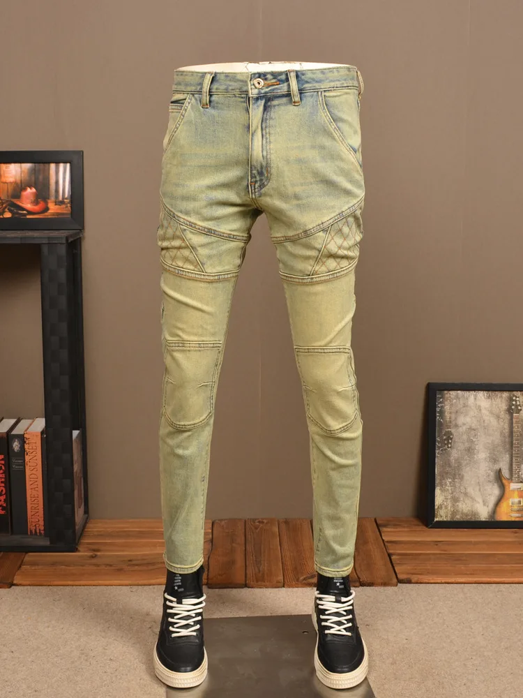 Yellow Mud Color Motorcycle Jeans Men's Stretch Slim Fit Skinny Ruan Handsome Casual Retro Distressed Stitching Men's Pants