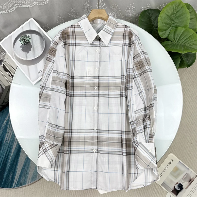 

Свободная женская рубашка из шелкового хлопка в клетку с длинным рукавом, повседневный свободный крой, с воротником, осенняя новинка, модная, элегантная, в стиле «Drunken»