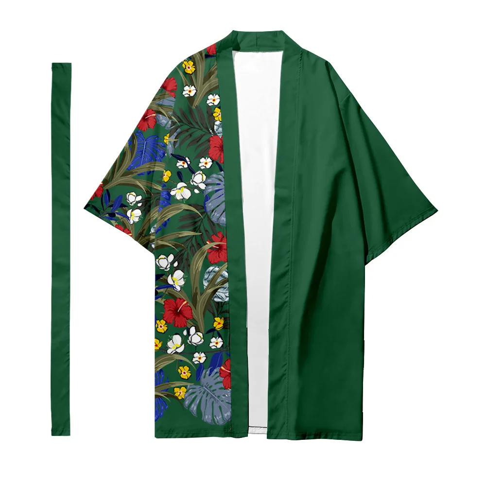 

Men's Japanese Long Kimono Cardigan Men's Samurai Costume Kimono Tropical Plant Pattern Kimono Shirt Yukata Outer Cover 8