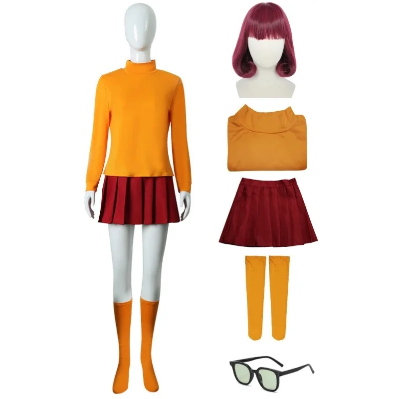 Anime Velma Seragam Cosplay Kostum Falda corta naranja uniforme Wanita Oranye Kaus Kaki Rok Atas fiesta de Halloween conjunto de Carnaval