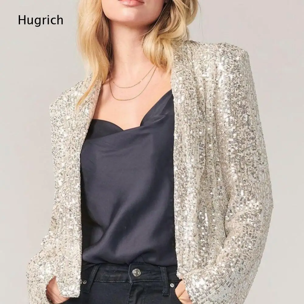 Champagne Silver Sequin Blazer Lapel Neck Long Sleeve Open Front Jacket Ladies Sparkly Outerwear For Night Occasions