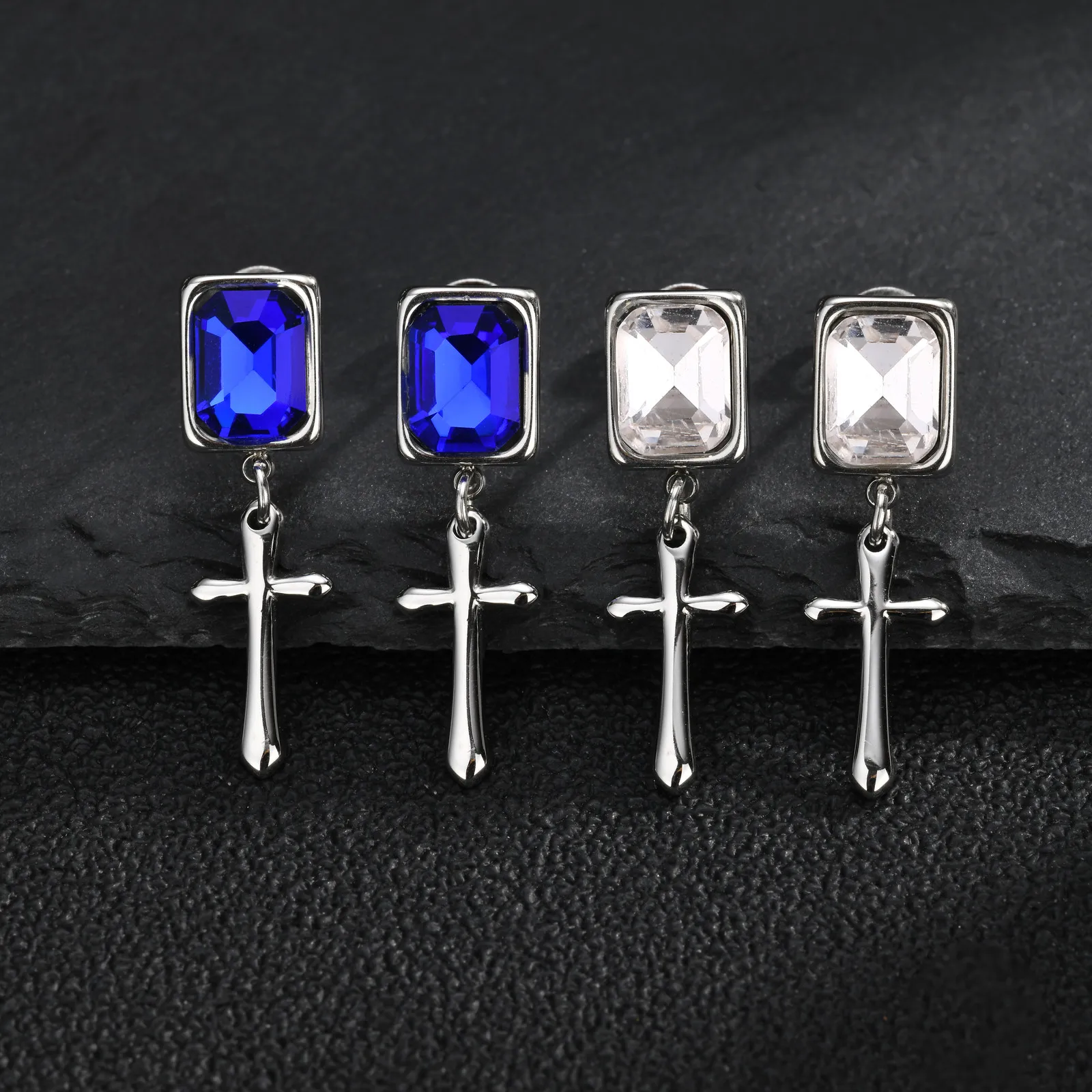 Vnox Men Stainless Steel Rectangle Octagon Cut Glass Cross Dangle Earrings, Blue White Crystal Drop Ear Studs with Pierced Ear