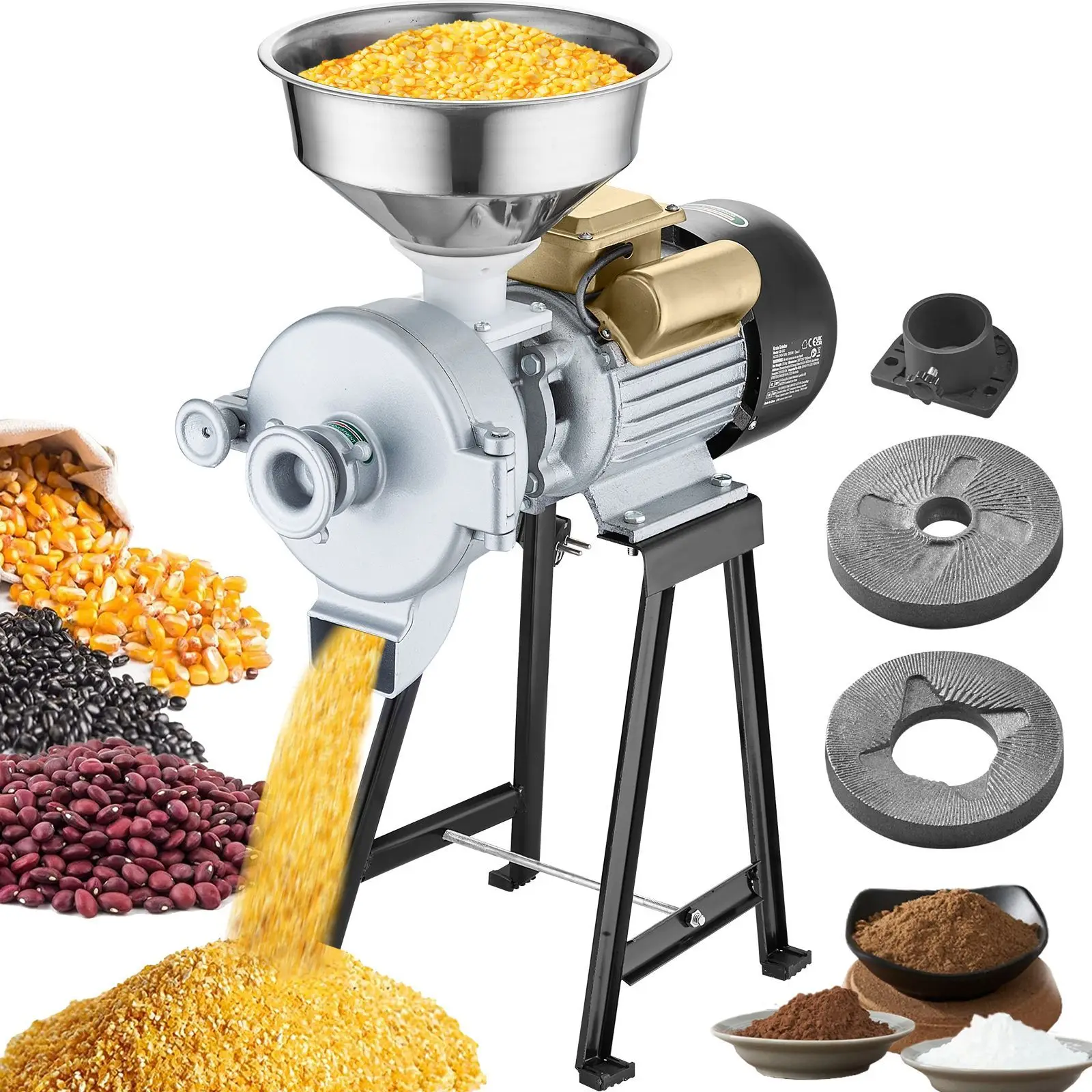Electric Grain Mill Grinder, 3000W Spice Grinders, Commercial Corn Mill with Funnel, Thickness Adjustable Powder Machine, Heavy