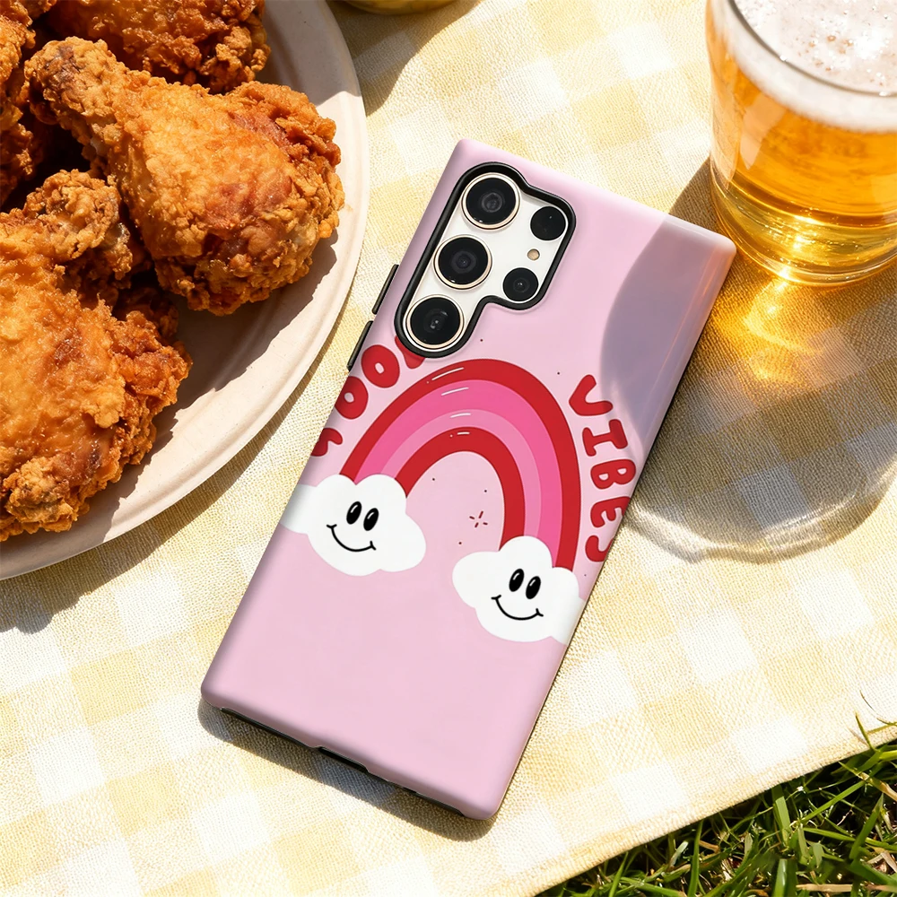 حافظة هاتف Good Vibes Rainbow لهاتف سامسونج جالاكسي S25 Ultra S24 S23 Ultra Plus غطاء خلفي لامع بطبقة مزدوجة