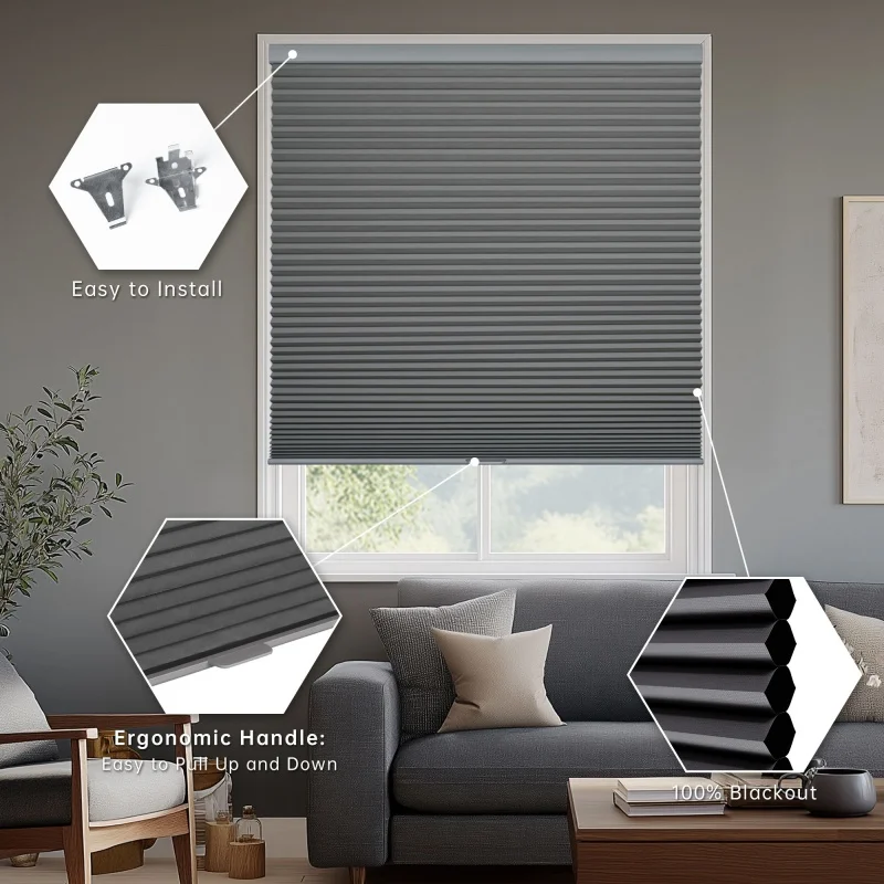 Easy To Install Cellular Shades Heat Insulate Aluminum Blackout Film Single Cell Manual Cordless Honeycomb Blinds For Bedroom
