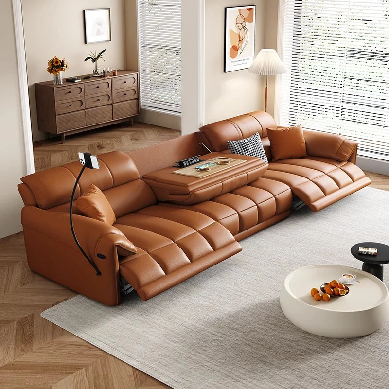 First class electric leather sofa, living room first layer cowhide modern simple straight row zero wall sofa