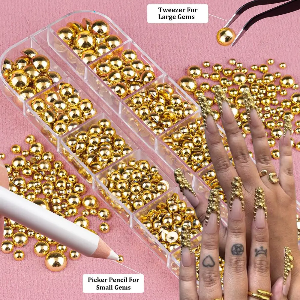 12 grilles 3D or demi-rond perles breloques pour ongles 6 tailles demi-cercle perle Nail Art décor + 1 pince à épiler et stylo de ramassage accessoire de manucure à faire soi-même